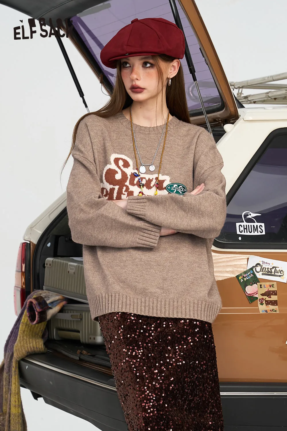 ELFSACK 2024 Winter New Arrivals Letter lazy style soft and sticky pullover sweater for women