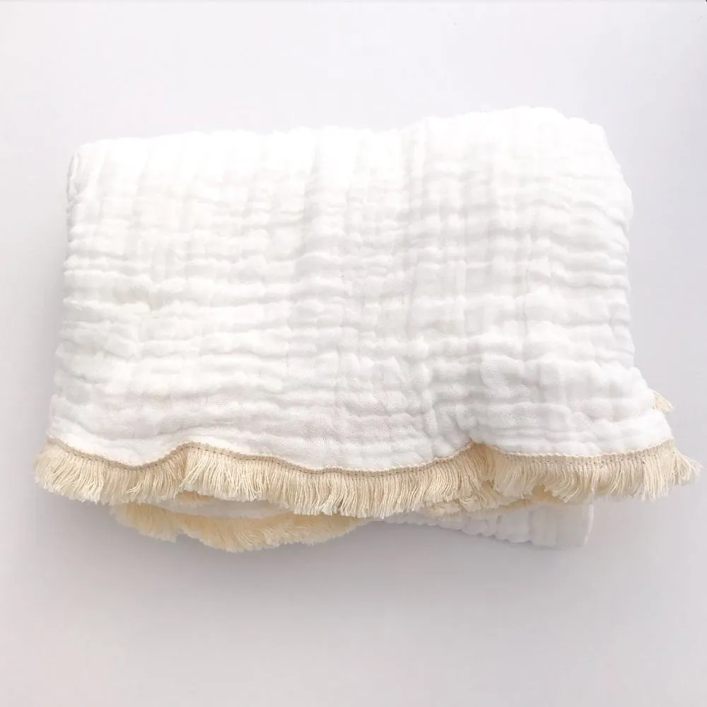 Fringed Organic Cotton Quilted Muslin Blanket