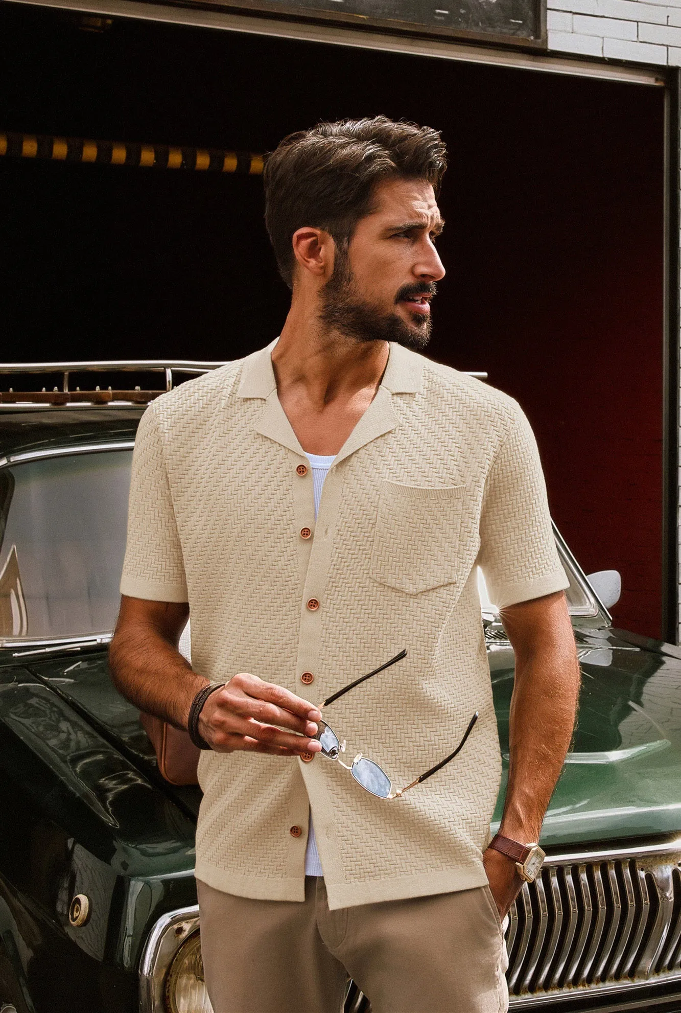 Men Textured Cardigan Short Sleeve Camp-Collar Button-up Sweater Knitwear