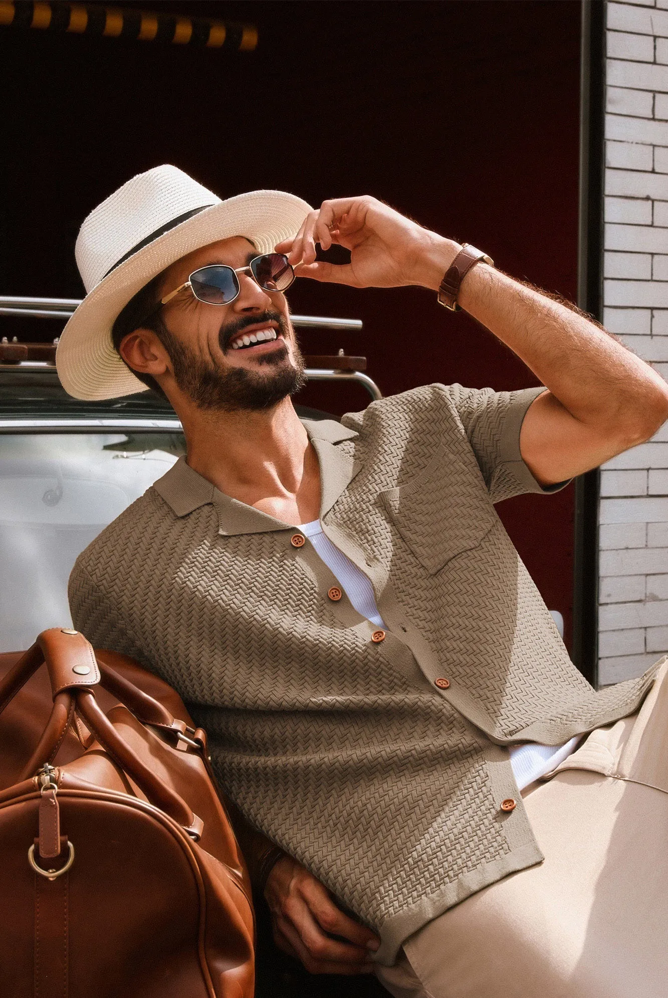 Men Textured Cardigan Short Sleeve Camp-Collar Button-up Sweater Knitwear