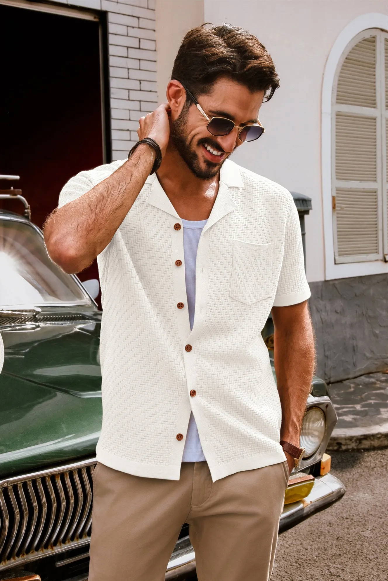 Men Textured Cardigan Short Sleeve Camp-Collar Button-up Sweater Knitwear