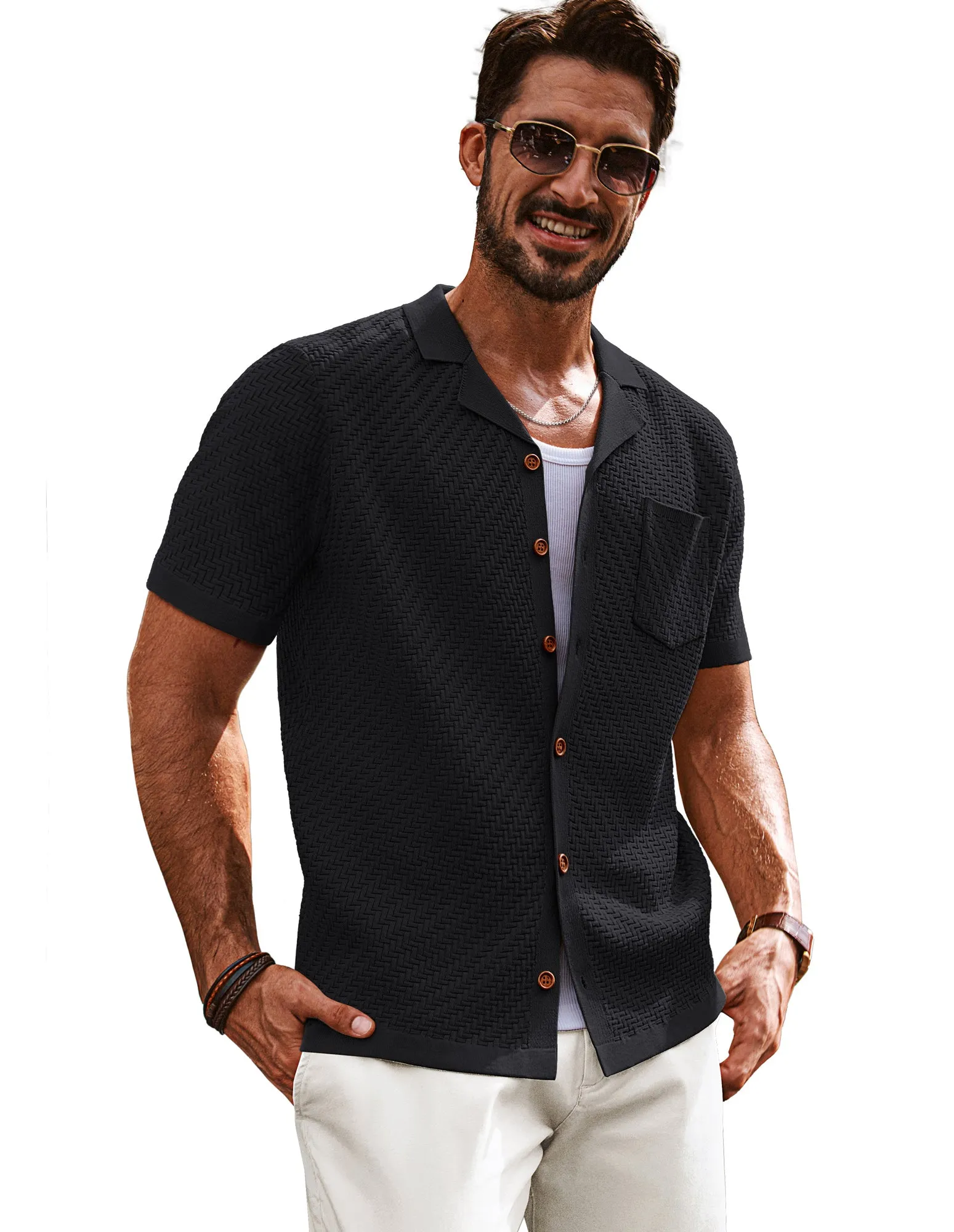Men Textured Cardigan Short Sleeve Camp-Collar Button-up Sweater Knitwear