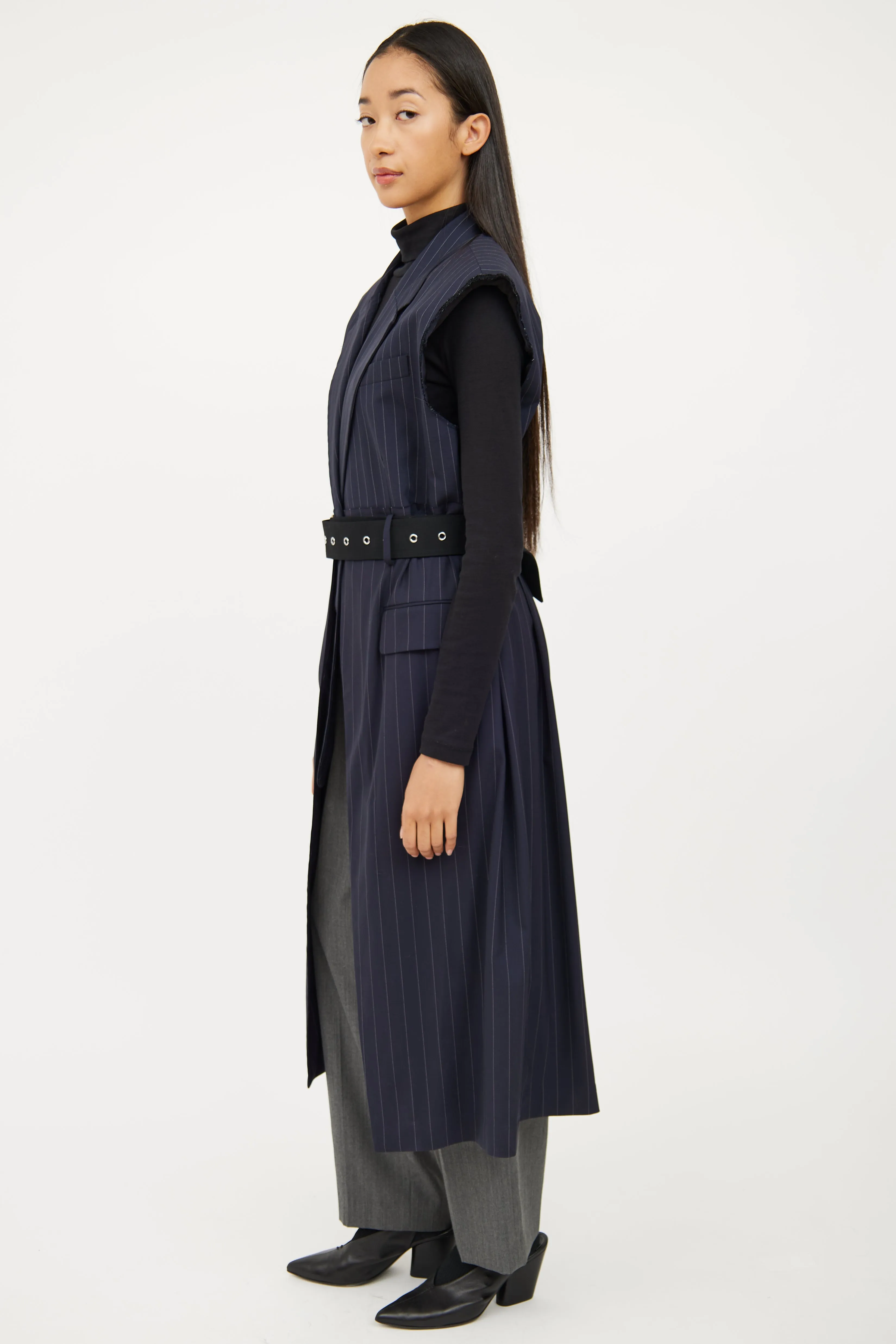 Navy Pinstripe Long Vest