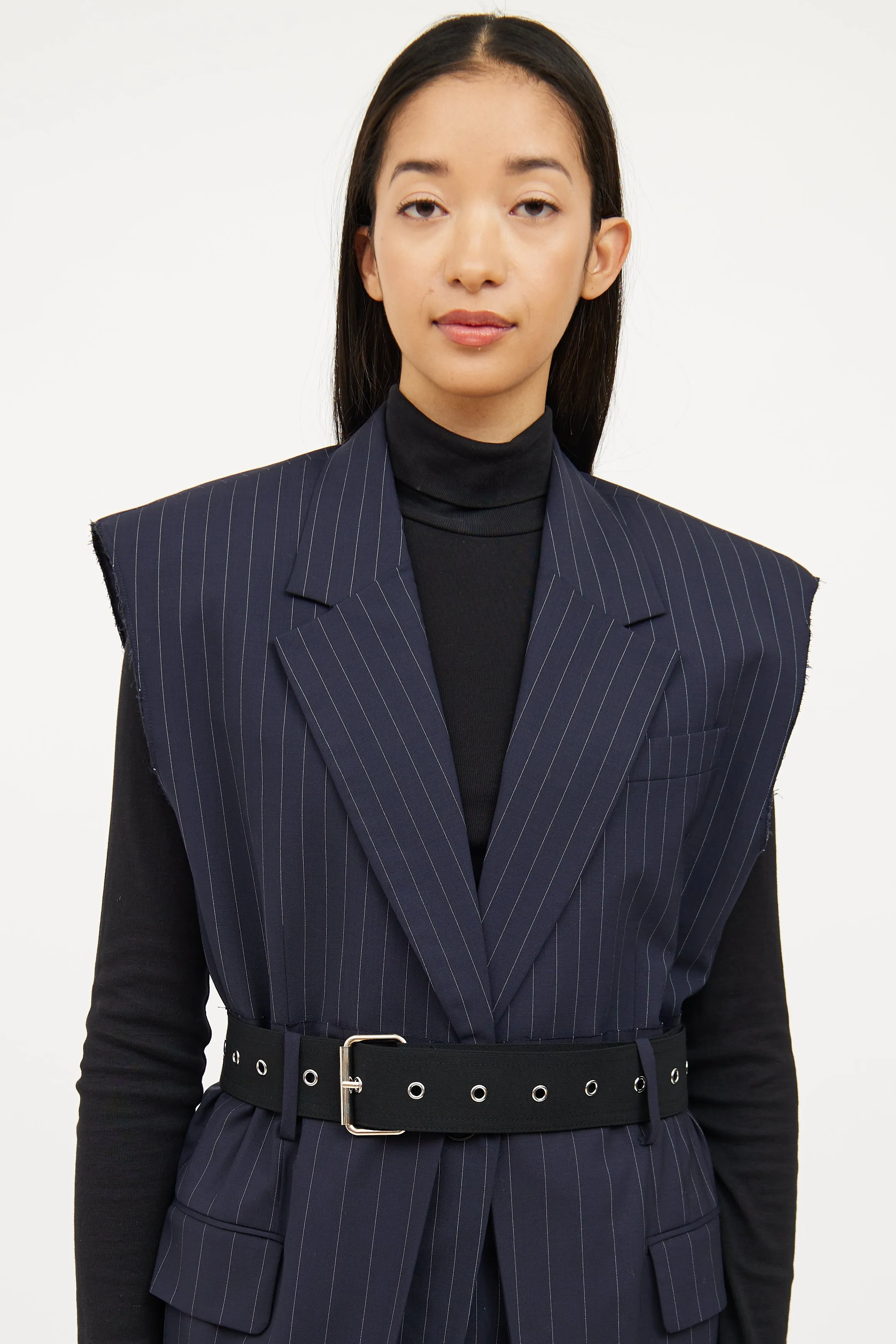 Navy Pinstripe Long Vest