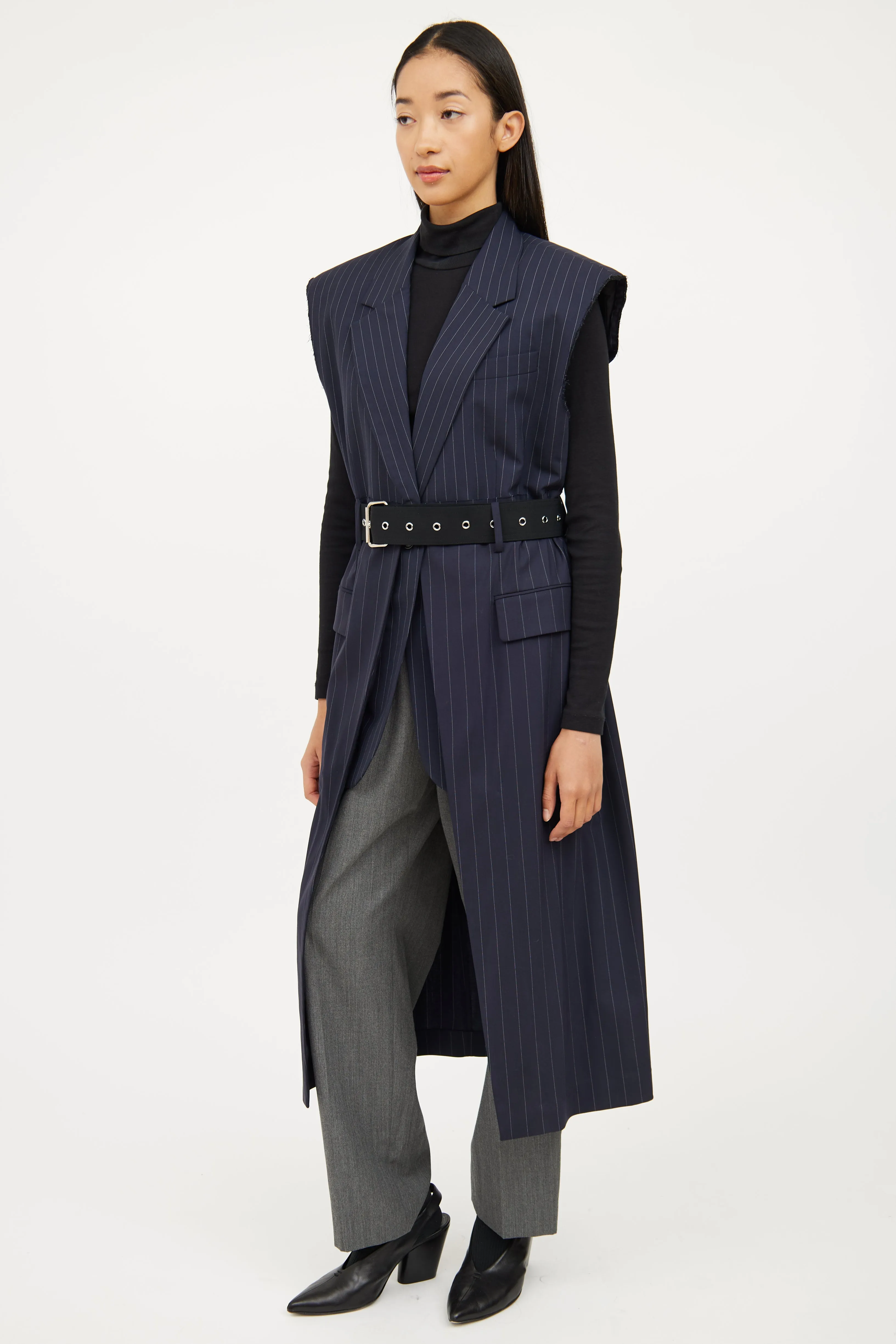 Navy Pinstripe Long Vest