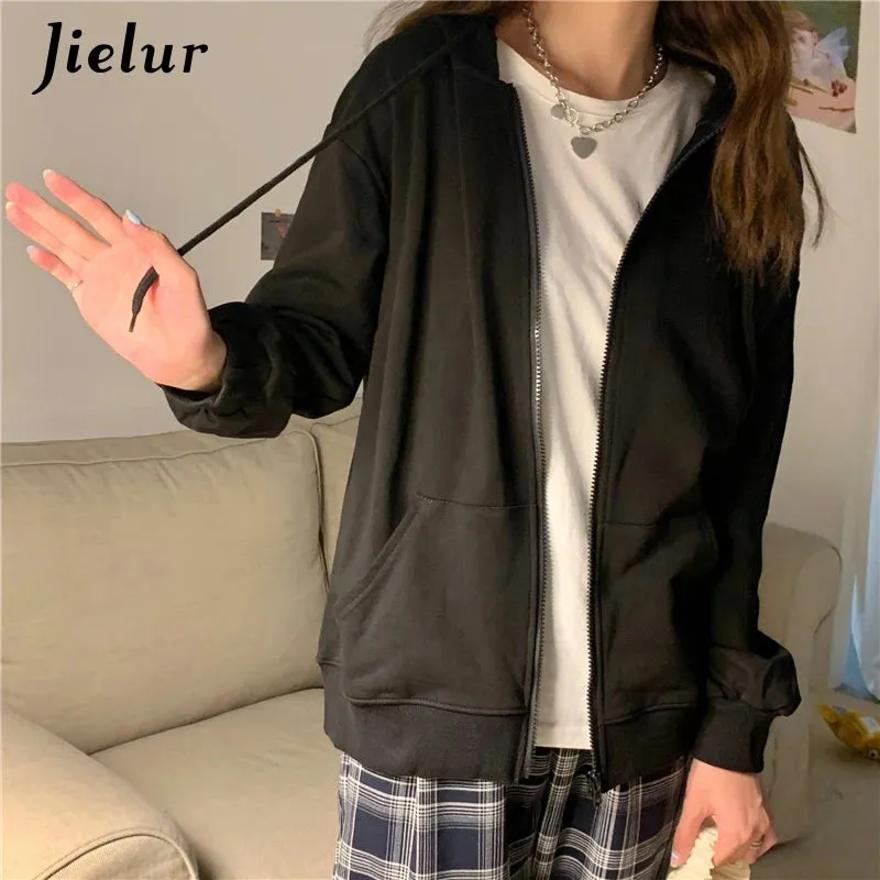 Pure Color Red Purple Zip-up Hoodies Women Fashion Casual Hooded Female Sweatshirt Autumn Thin Streetwear Girls M-XL