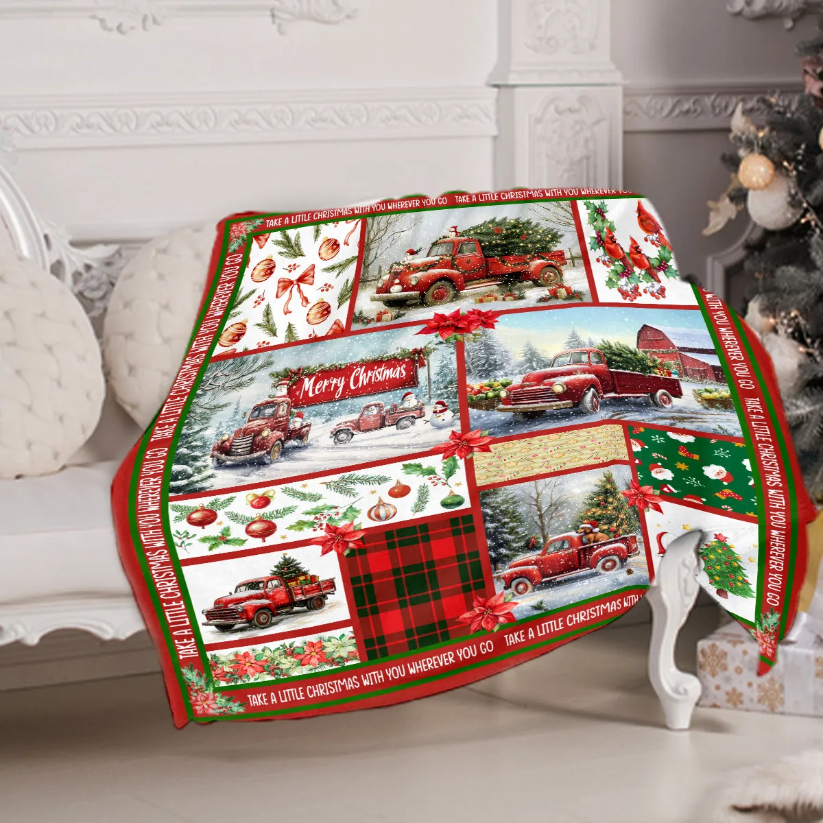 Teesdily | Red Truck Cardinal Merry Christmas Blanket, Take A Little Christmas With You Wherever You Go Blanket Throw, Xmas Gifts