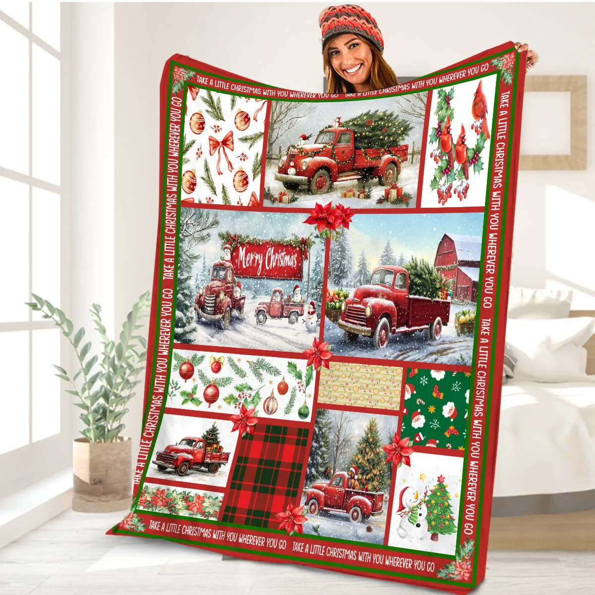Teesdily | Red Truck Cardinal Merry Christmas Blanket, Take A Little Christmas With You Wherever You Go Blanket Throw, Xmas Gifts