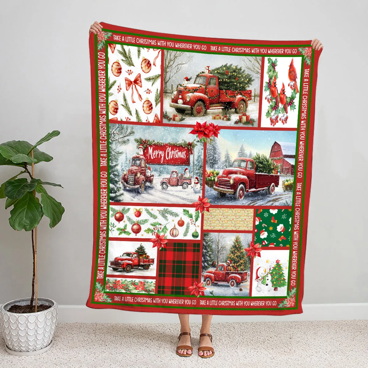 Teesdily | Red Truck Cardinal Merry Christmas Blanket, Take A Little Christmas With You Wherever You Go Blanket Throw, Xmas Gifts