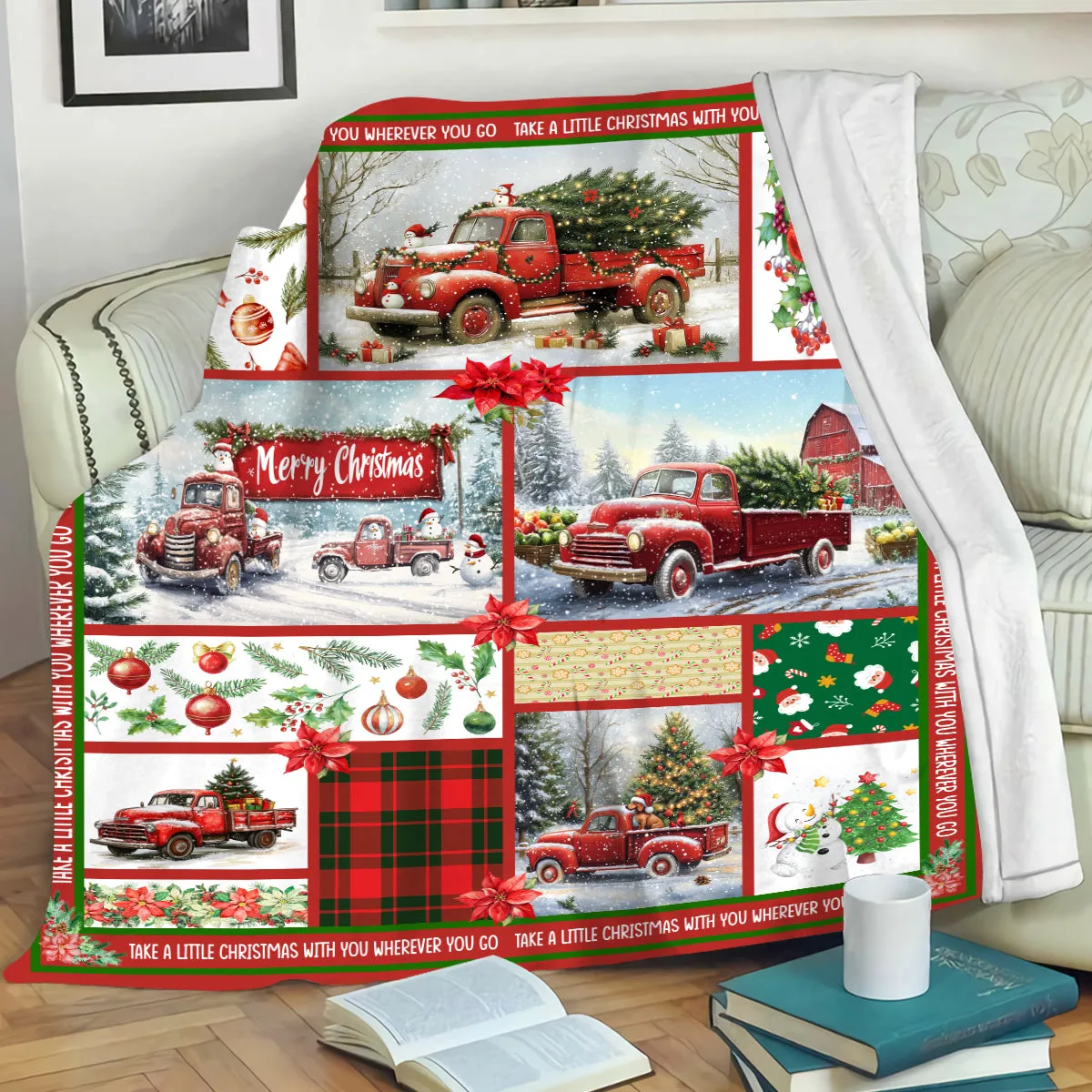 Teesdily | Red Truck Cardinal Merry Christmas Blanket, Take A Little Christmas With You Wherever You Go Blanket Throw, Xmas Gifts